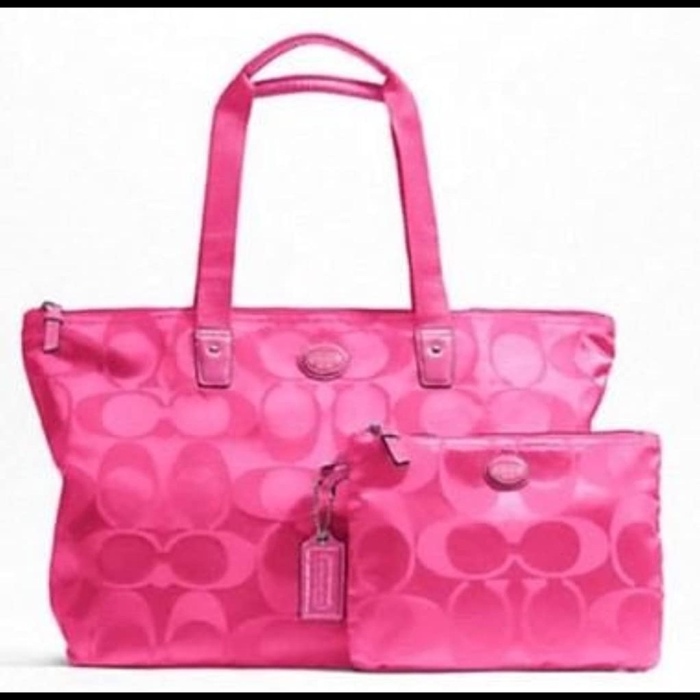 Coach signature pink nylon packable weekender bag